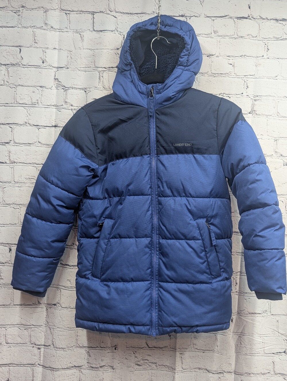 Lands' End Kids' Two-Tone Blue Hooded Puffer Jacket